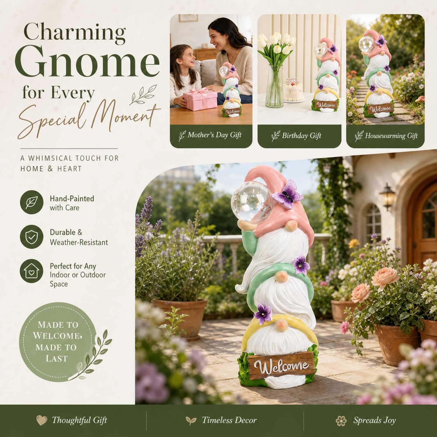 Statue di gnomi da giardino con luci solari, impermeabili per esterni, 3 gnomi primaverili impilati, sculture regalo di compleanno per donne, nonna, 30 cm, cartello di benvenuto