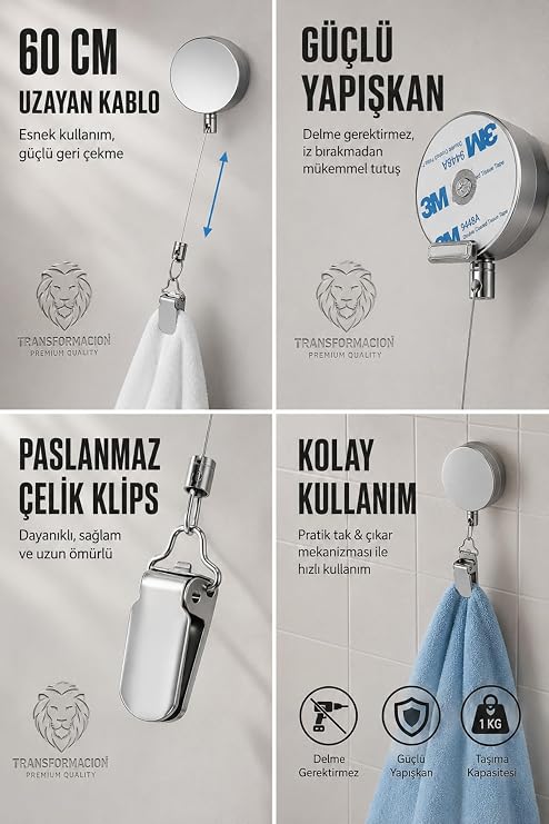 Transformacion 2li Geri Çekilebilir Havlu Askısı Yapışkanlı Mutfak Banyo Havlu Klipsi Duvar Askılığı Kancası Delmesiz Çinko Alaşım Metal Pratik Havlu Tutucu 723454