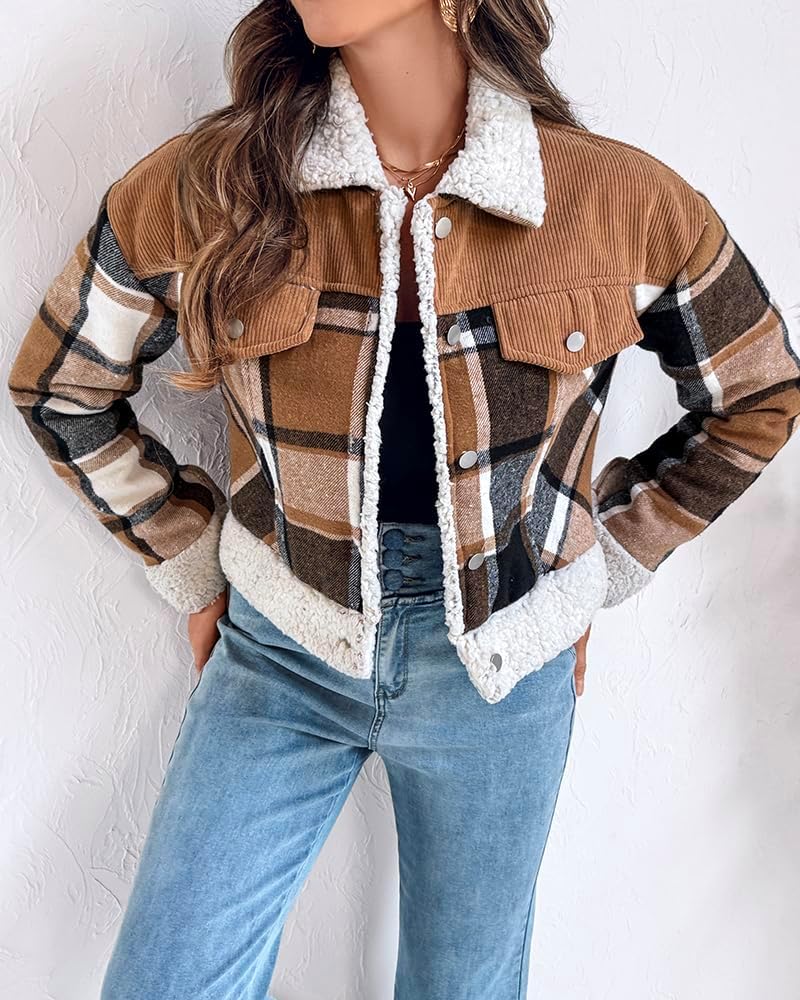 CHICME Womens Plaid Fleece Jacket Long Sleeve Sherpa Lined Winter Jackets Warm Coat - Image 4