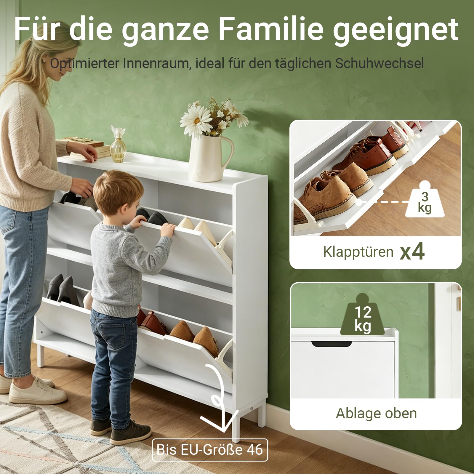 SoBuy Schuhschrank Schmal mit 4 Klappen – Platzsparender Schuhkipper für Kleine Wohnungen, Enge Flure & Durchgänge, Flurschrank für Familien mit Kindern & Designliebhaber, Weiß, 100x91x19 cm, FSR100-W