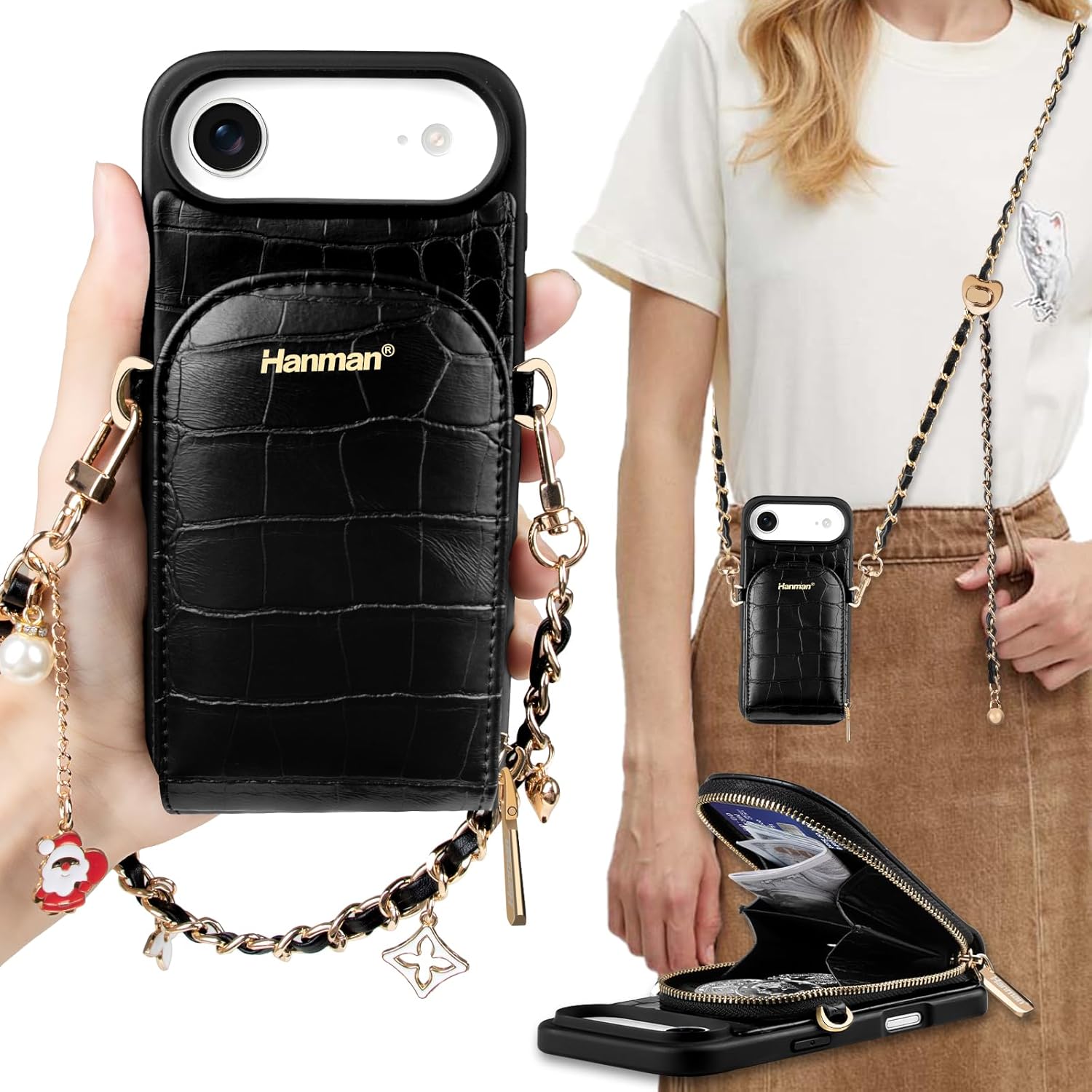 Hanman Leather Wallet Case with Wrist Strap for iPhone 17 Air,RFID Blocking Microfiber PU Leather Zipper Purse Case for iPhone 17 Air,Crocodile Leather Wallet & Card Holder Case-Black