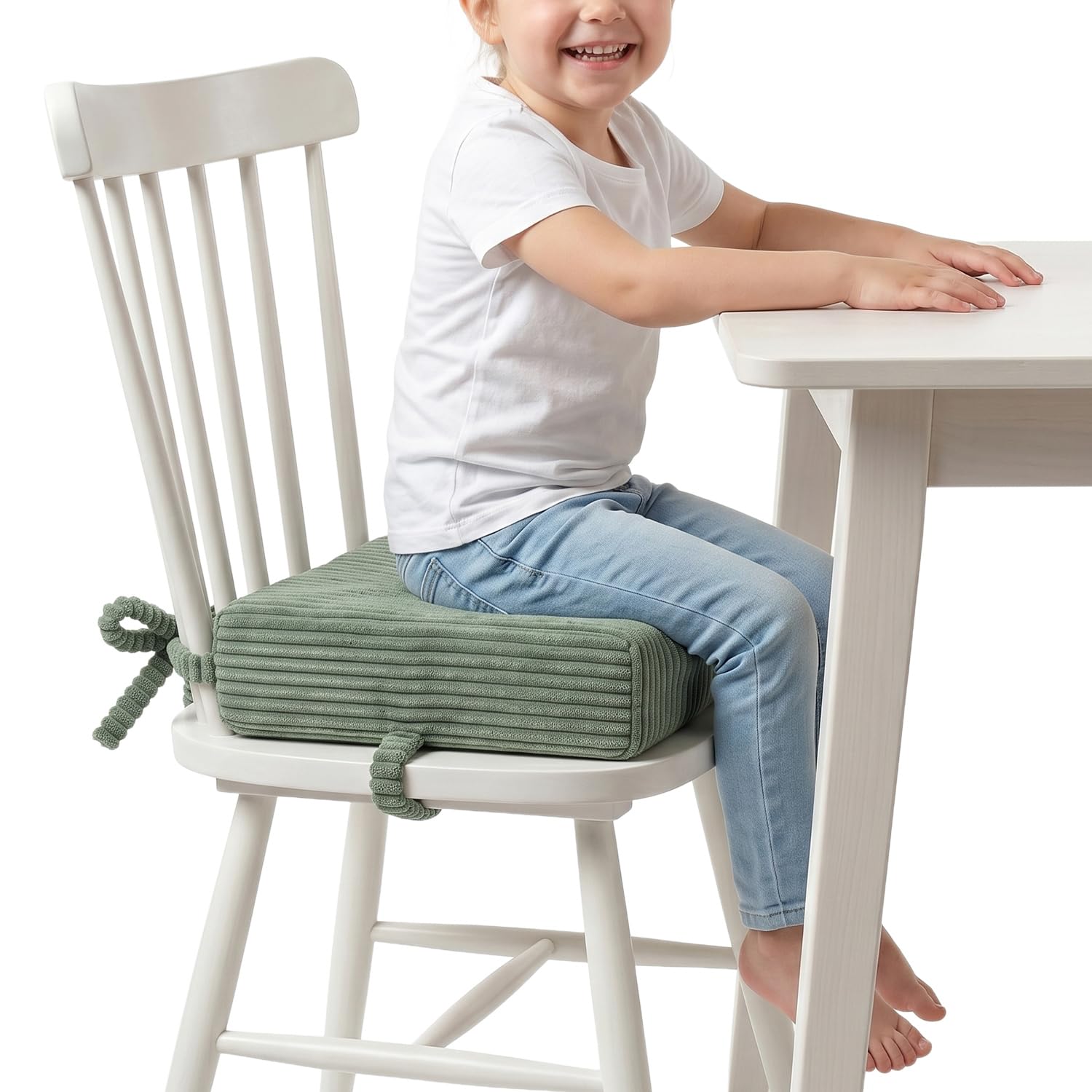 KiddyMoon Kids Booster Seat Cushion for Chair, 10 Cm Foam Padded Seat with Removable Washable Cover and Ties, Green