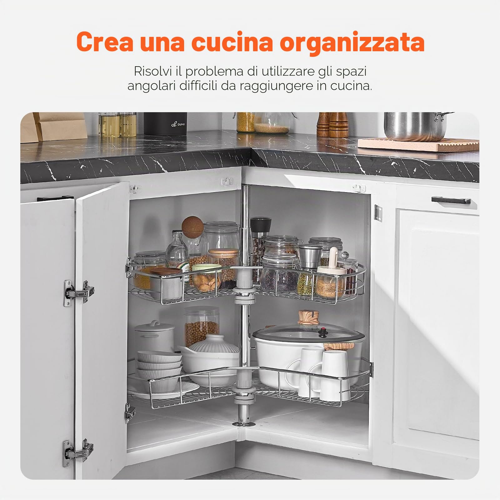 VEVOR Organizer Angolare Cromato 710 mm Forma di Rene, Sngolo Cieco Girevole 360° per Mobiletto Cucina, Ripiano Stoccaggio Regolabile Altezza 2 Livelli, Ripiano in Acciaio Carbonio per Angolo Mobile