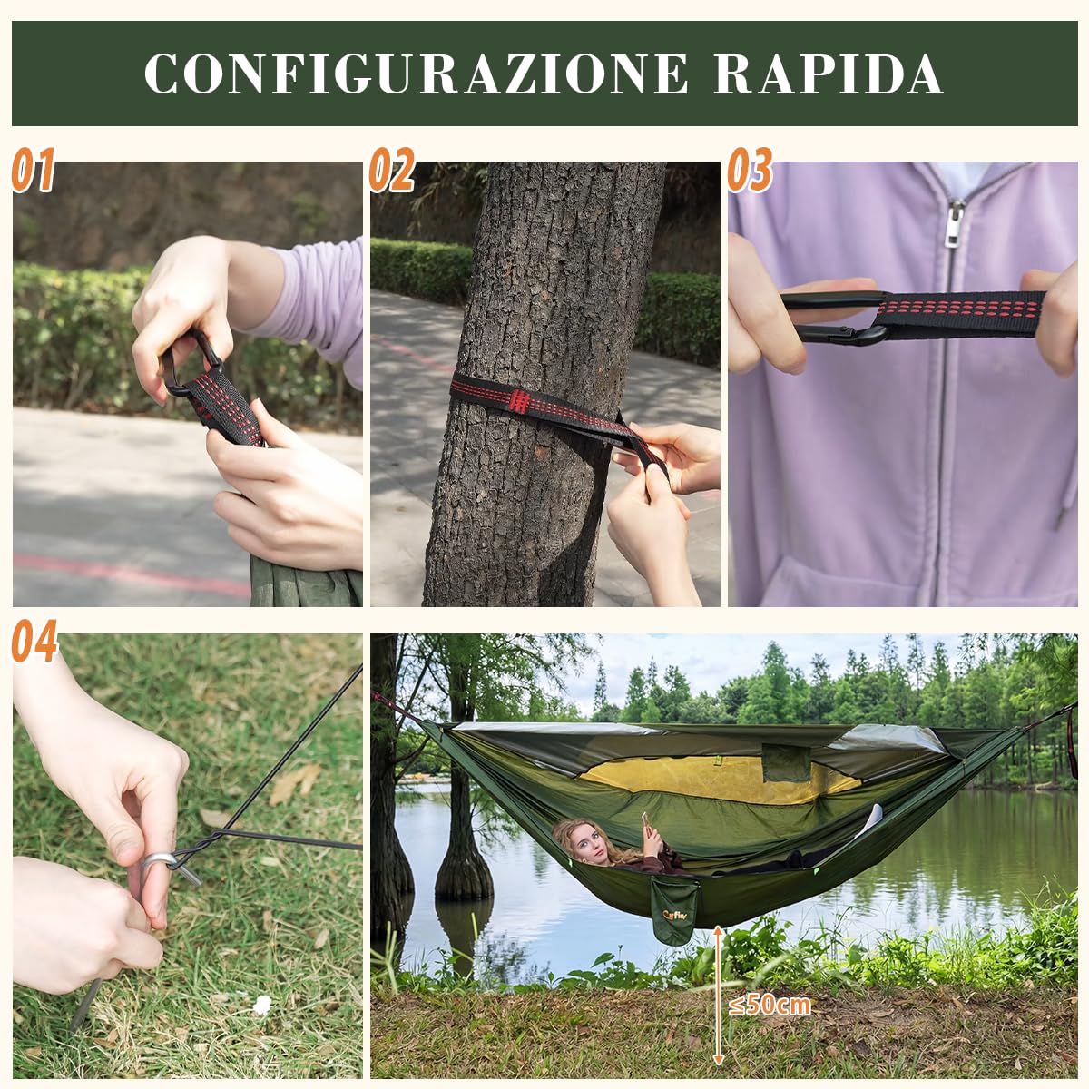 CYFIE Amaca da campeggio con zanzariera e telo parasole - amaca leggera e portatile da trekking - 290 x 140 cm, portata massima 200 kg, per esterni, cortile e campeggio