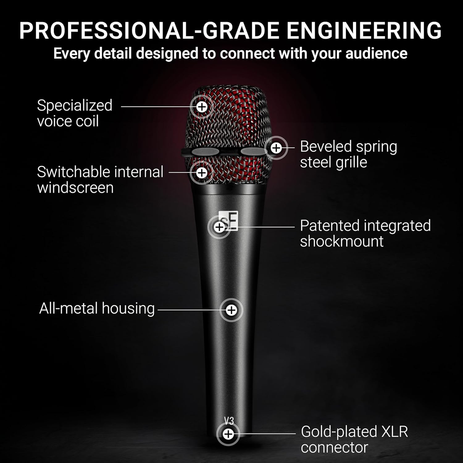 SE ELECTRONICS V3 Dynamic Microphone for Singing, Speech, Instruments & Studio Recording - XLR Handheld Vocal Microphone with Cardioid Polar Pattern for Reduced Stage Bleed - Rugged All-Metal Housing
