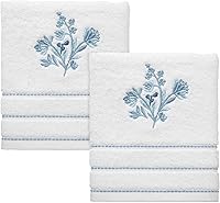 IZOD Mystic Collection Hand Towels - Soft Absorbent 100% Cotton, Embroidered Floral Blue Design, White Set of 2