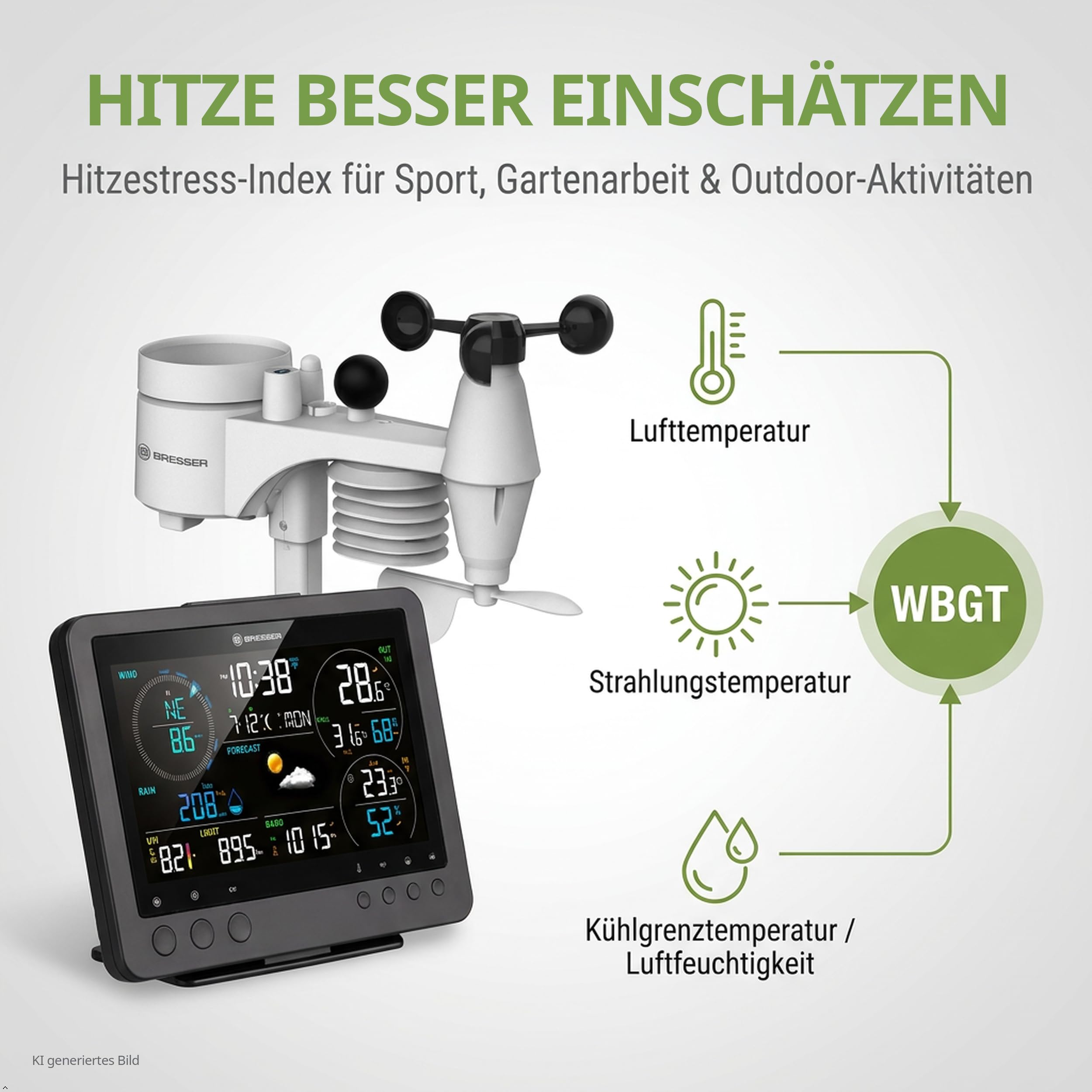 Bresser Bise Profi WLAN Wetterstation Funk mit 8 in 1 Außensensor | Innentemperatur und Außentemperatur, Luftfeuchtigkeit, Regenmesser, Windmesser, Wettervorhersage, App, WBGT
