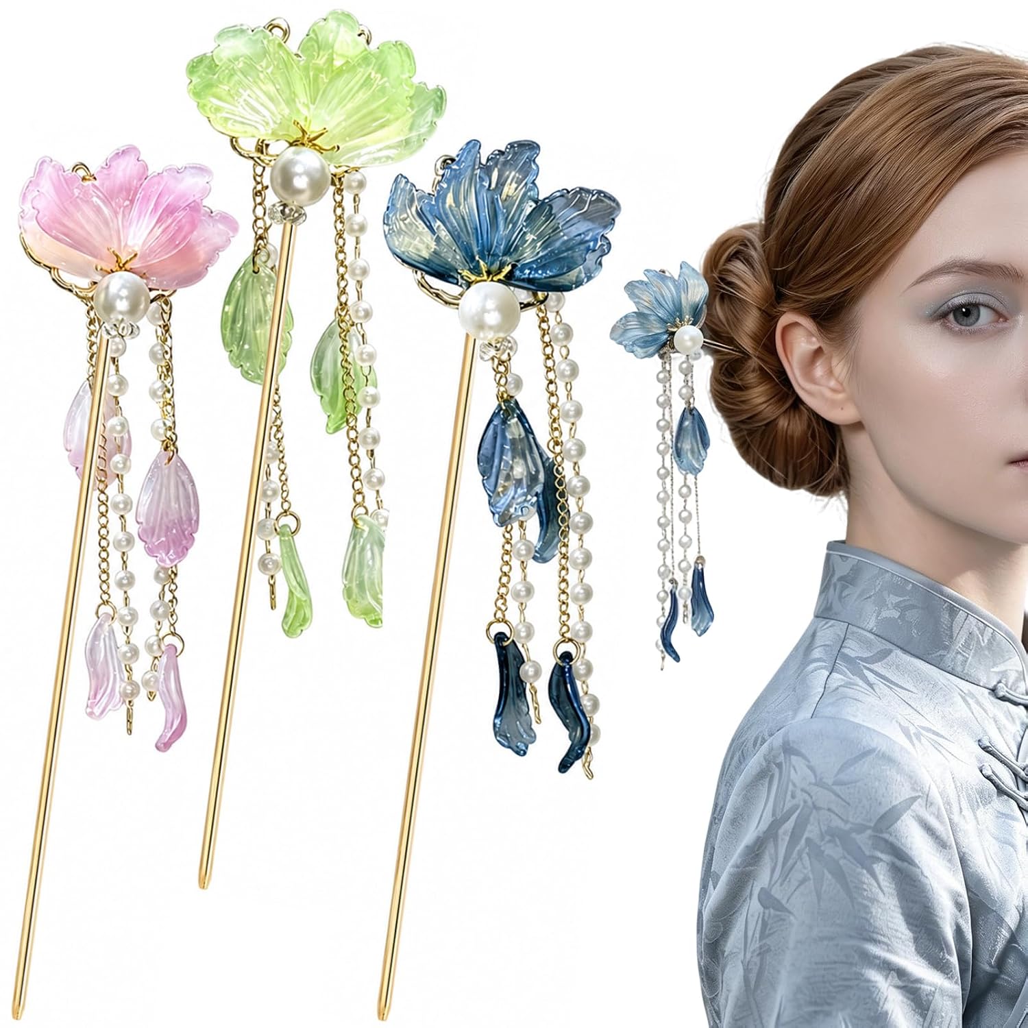 3 PCS Flower Chinese Hair Sticks Pearl Flower Hair Pin for Women Girls