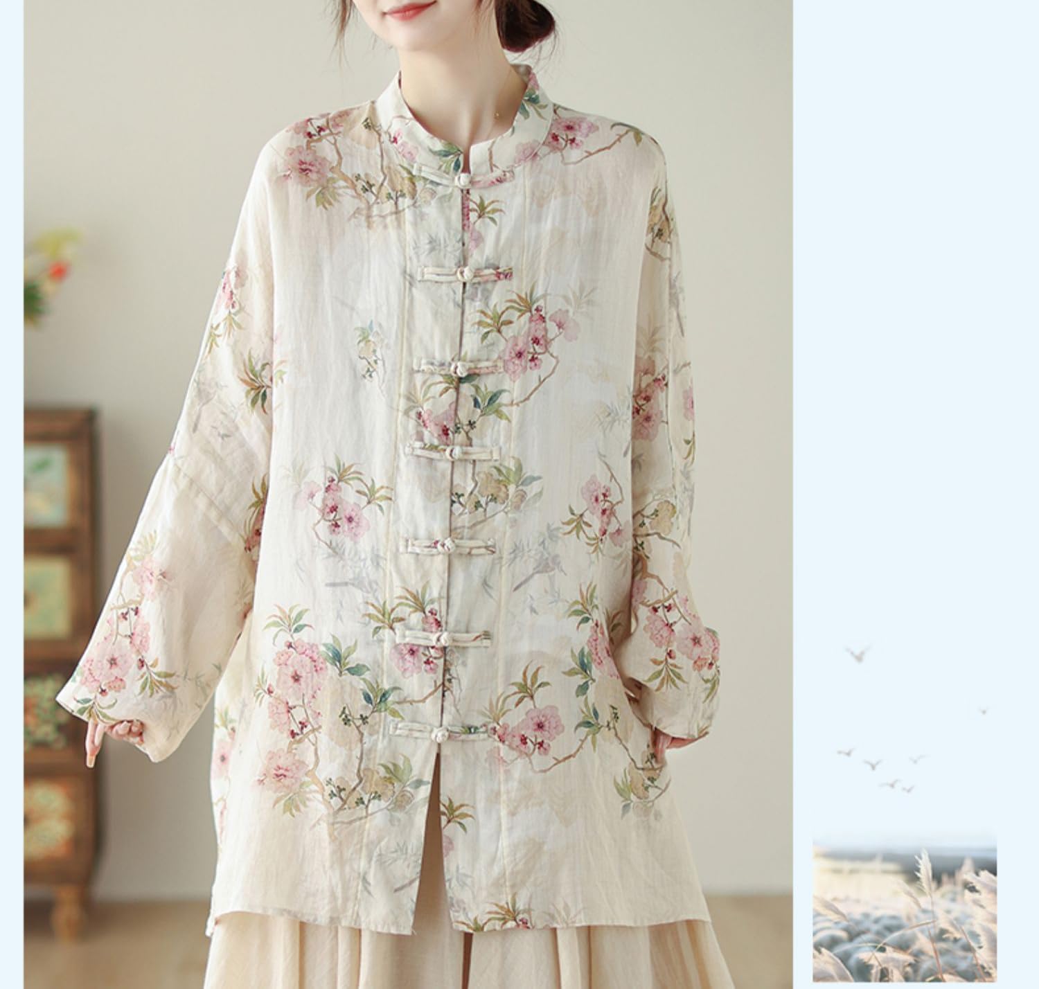 Spring Autumn Frog Button Mid-Length Hanfu Shirt for Women, Loose Tang Suit Top Vibrant Tai-chi Blouse