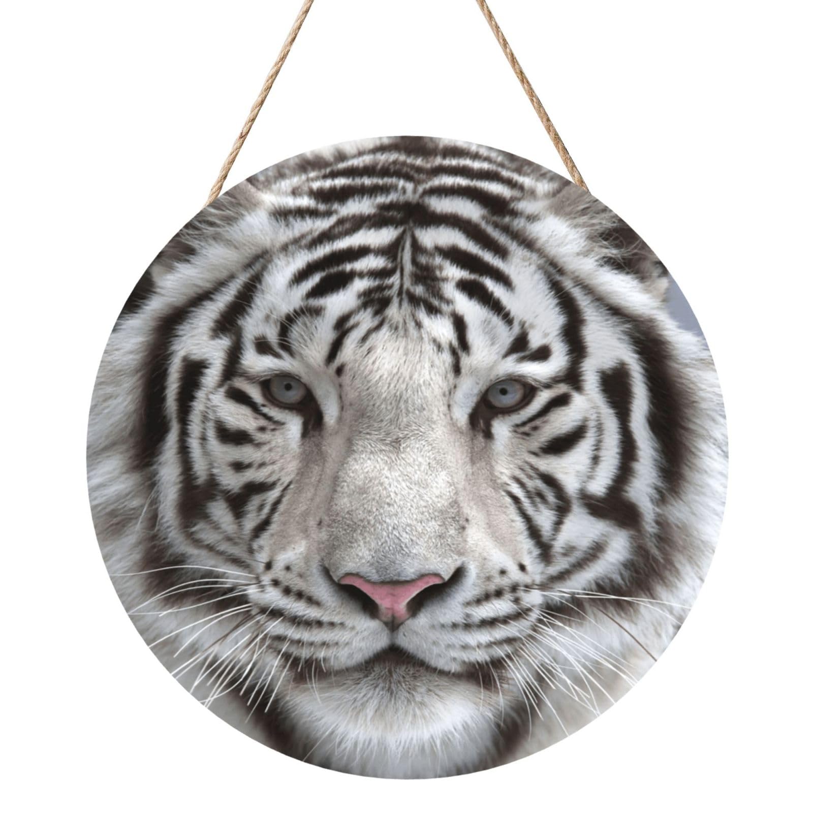 InOmak Winter White Tiger, Round Wood Panel Painting 12 in, Wall Hanging Painting For Home