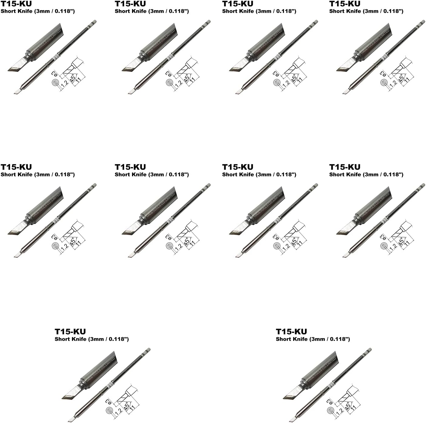 T15-KU Short Knife 3mm Soldering Tip for FX-9501 FM-2028 FM-2027 FM-2021 FX-950 FX-951 FX-952 FM-202 FM-203 FM-204 FM-206 ACE Tips (10)