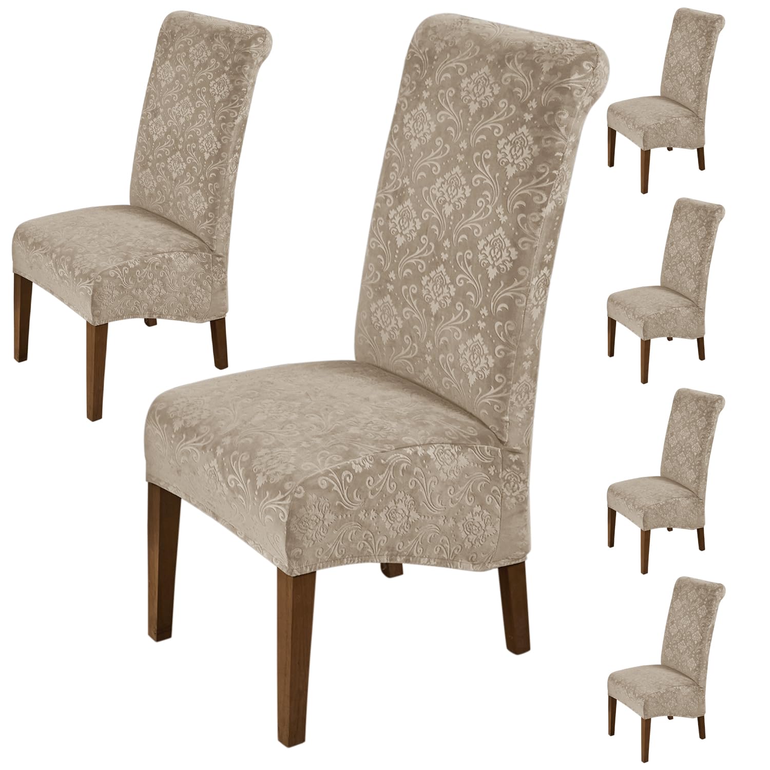 HOKIPO Embossed Velvet Long Back Chair Covers Set of 6, Camel (AR-5126-CML*6)-image-20