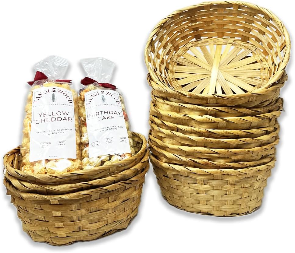 12 Pack Premium Handmade 9” Honey Stain Bamboo Oval Baskets – Multipurpose Storage Trays for Pantry, Shelf, Closet, Office, Bathroom, Food & Decorative Display and Organizer – Bulk Supply Set