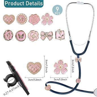 Pink Flowers Elegant Stethoscope Charms for Nurse - 9Pcs Pediatric Stethoscopes Decor Personalized Accessories, Gift for Doctor & Veterinarian, Medical Worker Nursing Graduation