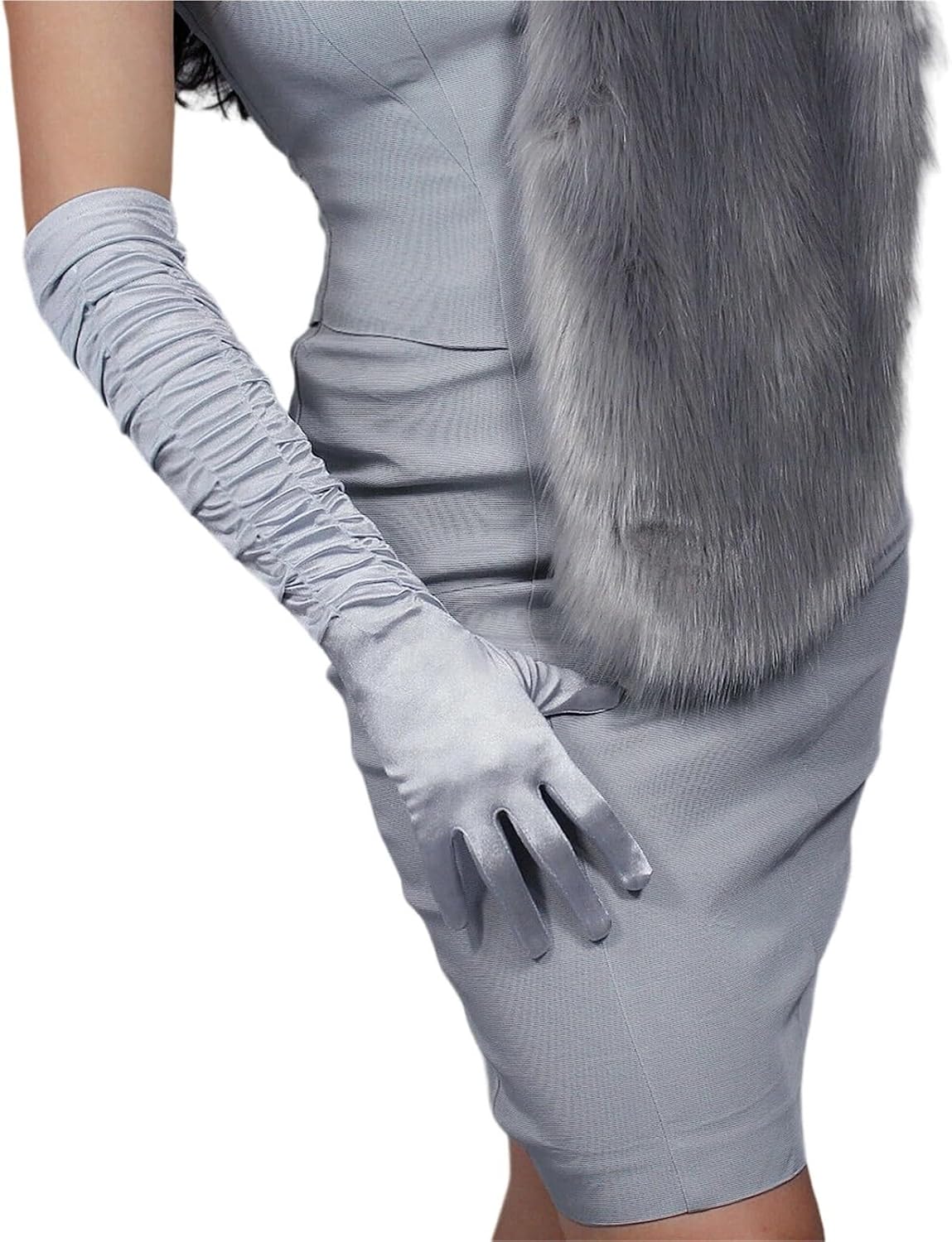 Satin Gloves 5pairs Bridal Satin Ruched Gloves Silver Stretch Solid Silk Elbow Long