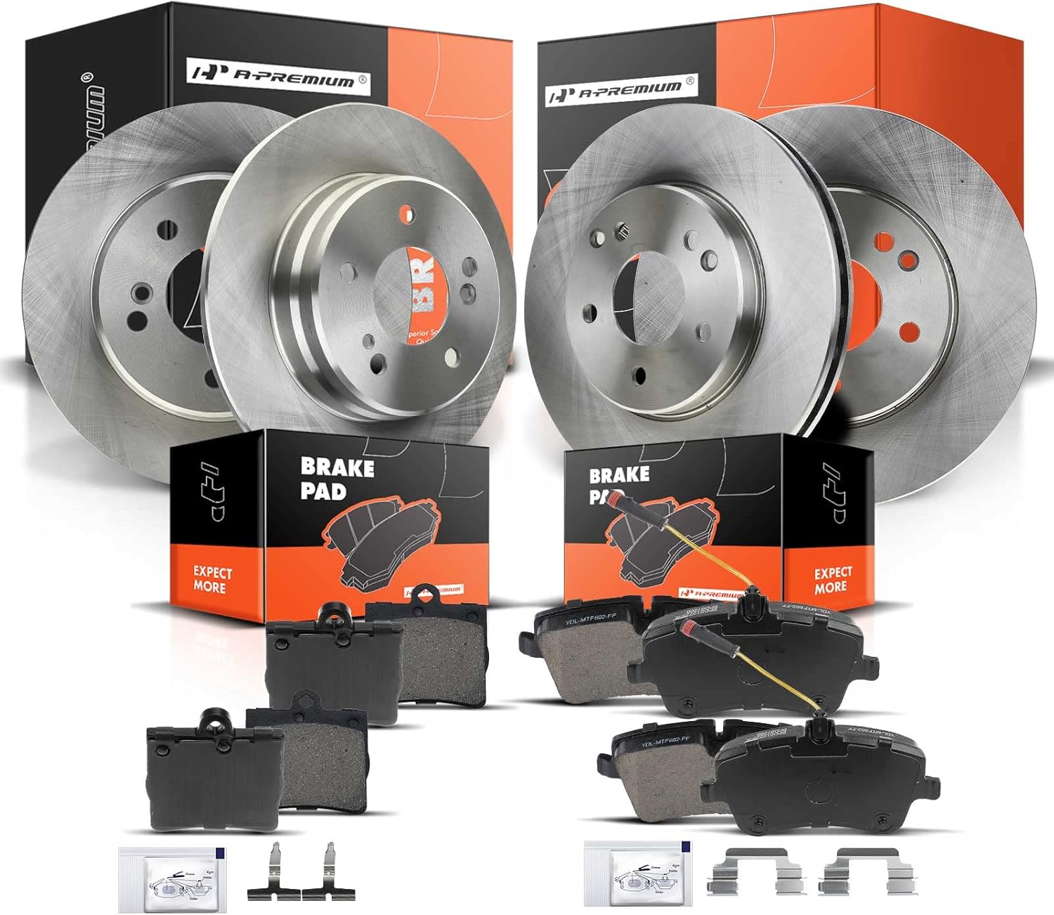 A-Premium Front Vented & Rear Solid Disc Brake Rotors + Ceramic Pads Kit Compatible with Select Mercedes-Benz Models - C230 2002-2005, C240 2001-2005, 12-PC Set