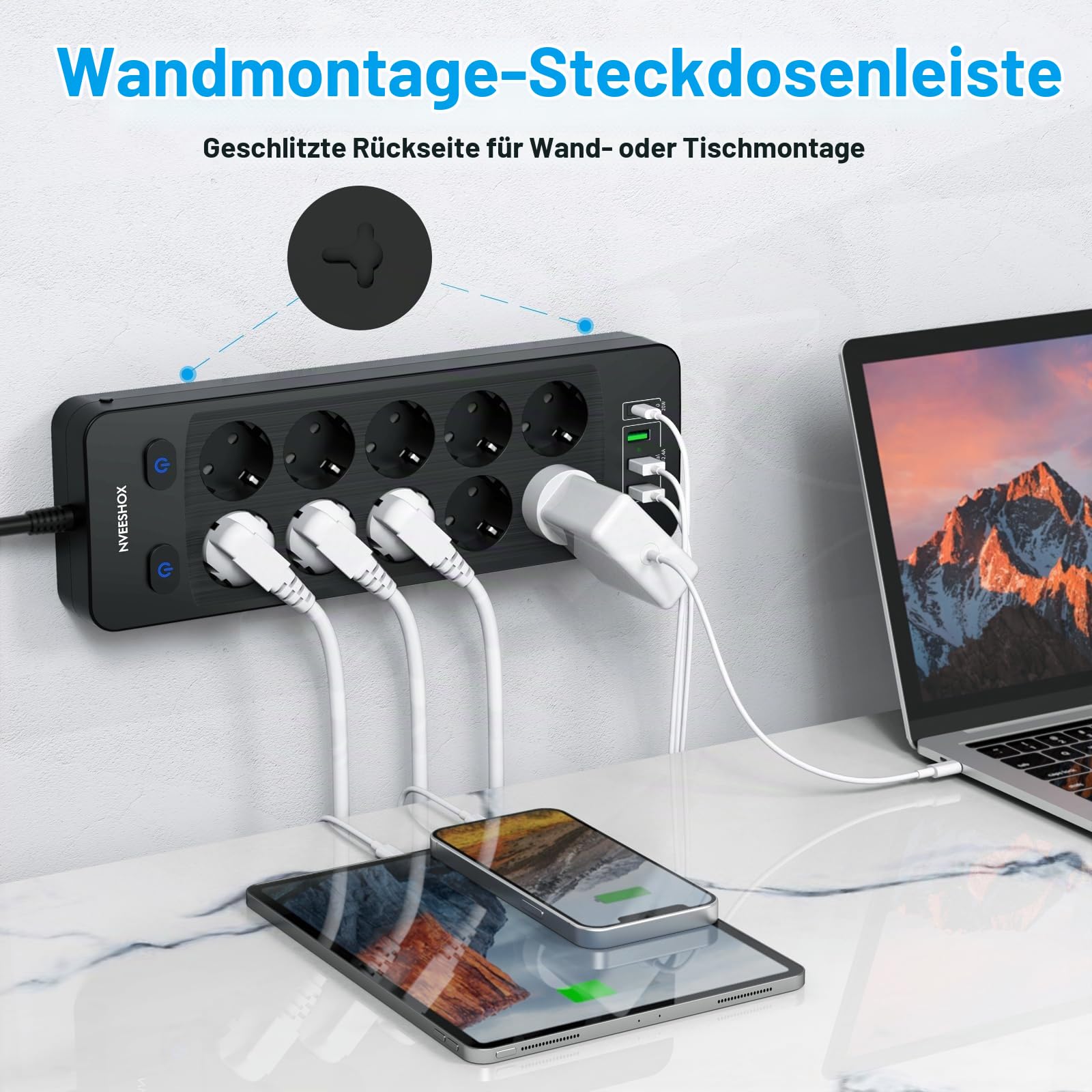 NVEESHOX 10 Fach Steckdosenleiste mit USB C 20W,5M Kabel Verteilersteckdose