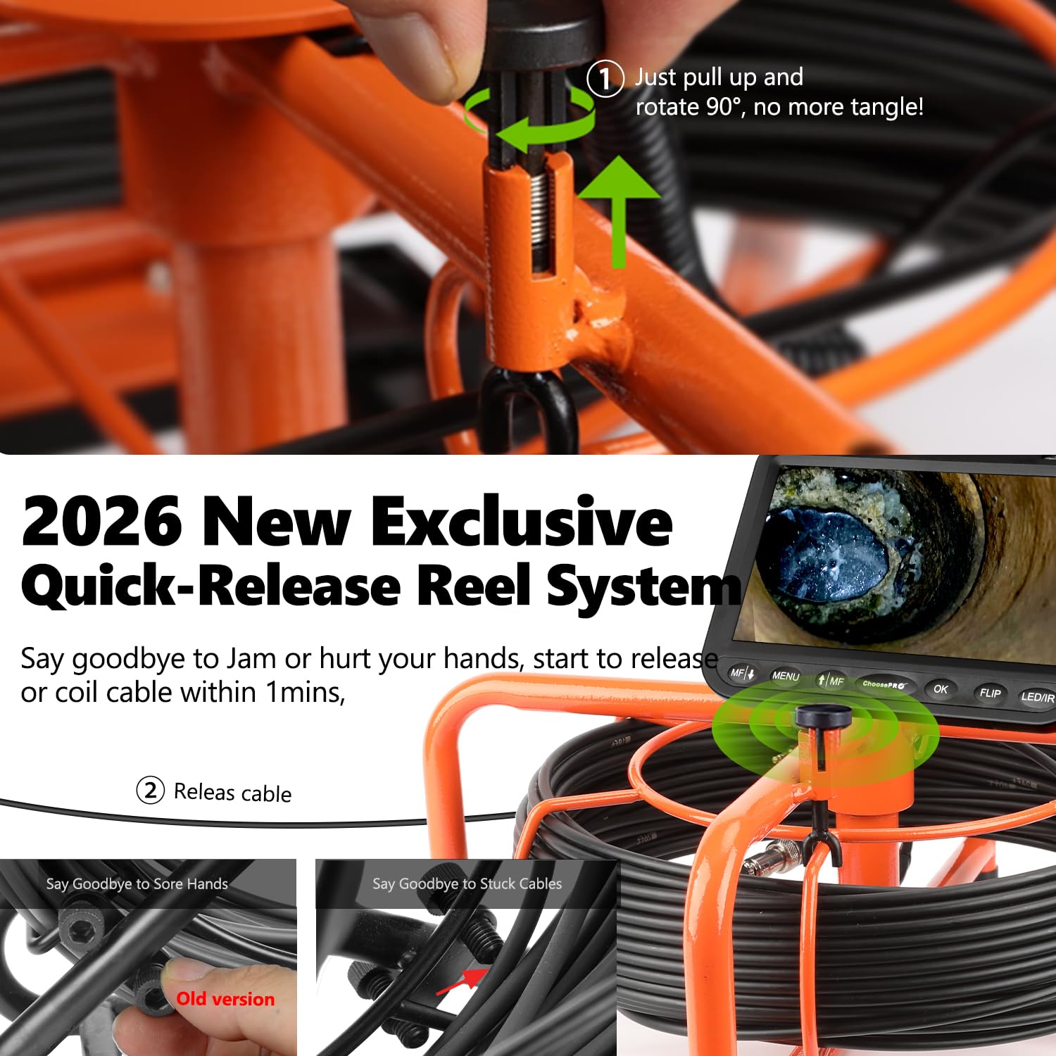 𝟮𝟬𝟮𝟲 𝗡𝗲𝘄 7” Sewer Camera 𝗛𝗗𝟭𝟬𝟴𝟬𝗣, w/𝗔𝗱𝗷𝘂𝘀𝘁𝗮𝗯𝗹𝗲 𝗙𝗼𝗰𝘂𝘀 (0.4–19.6''), DVR-32GB Drain Camera, [Quick-Unlock Y Clamp] Pipe Inspection Camera, 5000mAh, USB-C Port, 100ft/30m