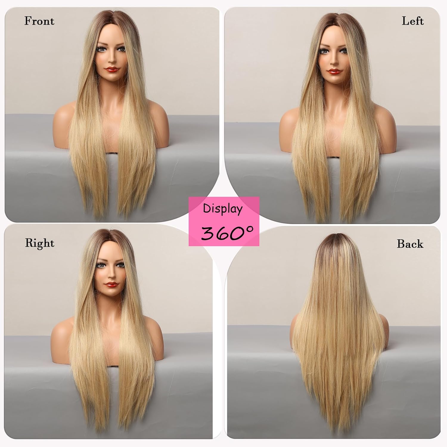 Long Blonde Wig Ombre Wigs for White Women Synthetic Wig Straight Hair Replacement Wigs for Women Natural Hair Wigs Middle Part Wig Long Straight for Cosplay Holiday Daily Party Use 26 Inch