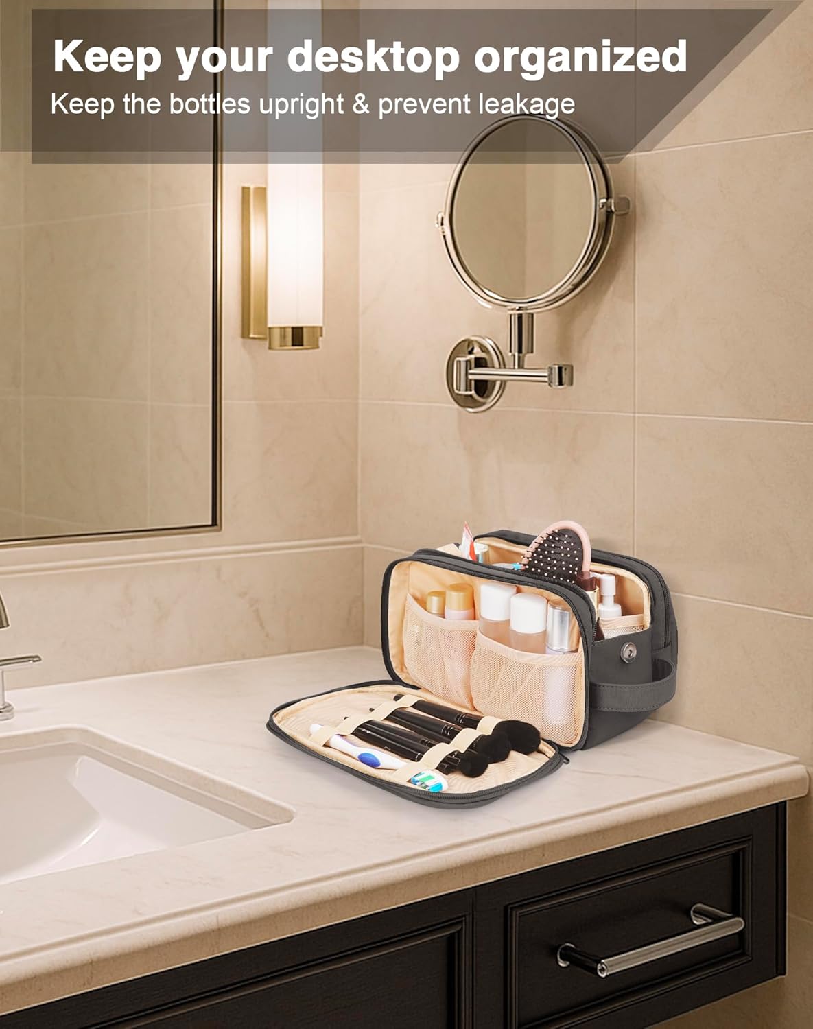 Toiletry Bag for Men & Women, Cruise Ship Travel Essentials, Shaving Dopp Kit with Dry and Wet Separation, Water-resistant Bathroom Cosmetic Organizer Bag, Makeup Accessories with Trolley Belt, Black - Image 3