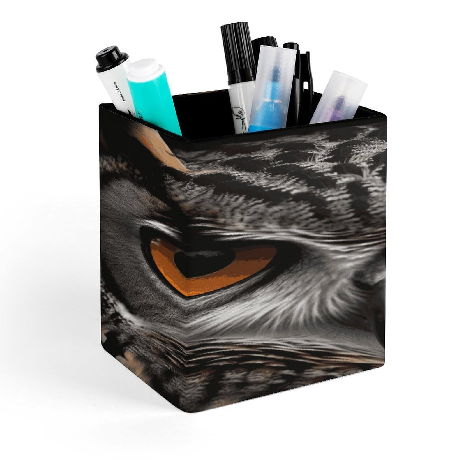FekiLoot Owl Eyes Pencil Holder for Desk Square Leather Pen Holder Cup Desktop Organizer Multi-Functional Pencil Cup Holders Modern Decorative Desk Organizer Caddy Makeup Brush Holders