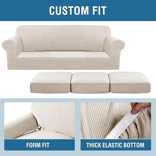 Miniatura 6 de H.VERSAILTEX - 4 fundas de sofá elásticas para 3 fundas de cojín para muebles de sala de estar (funda base más 3 fundas de cojín de asiento), tela