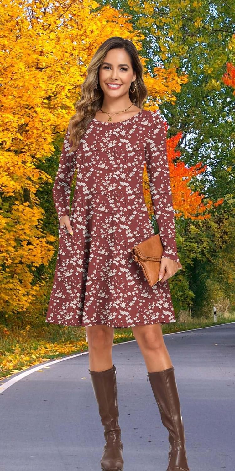 Women's Long Sleeve T-Shirt Dress Casual Loose Fit Swing Dress for Fall Winter with Pockets - Image 3