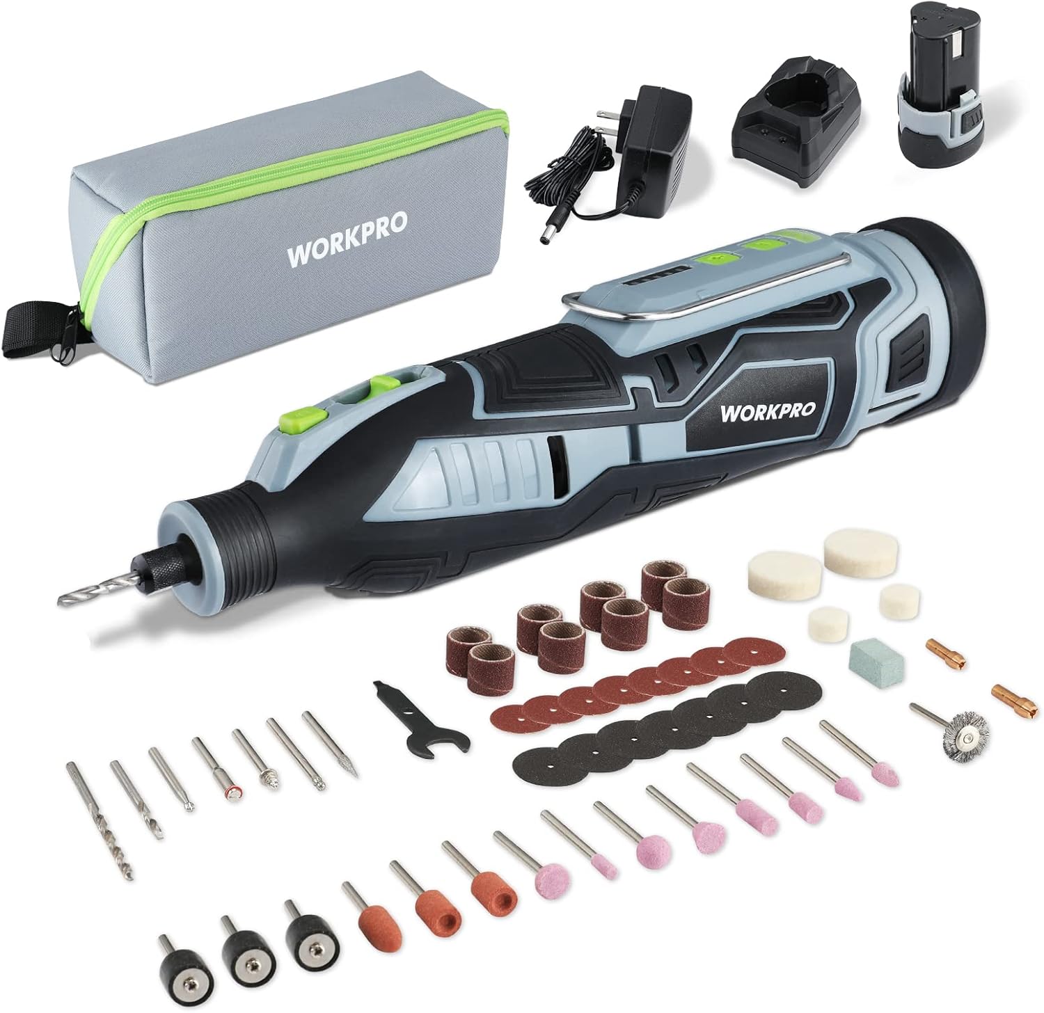 WORKPRO 12V Cordless Rotary Tool Kit with accessories and carrying bag