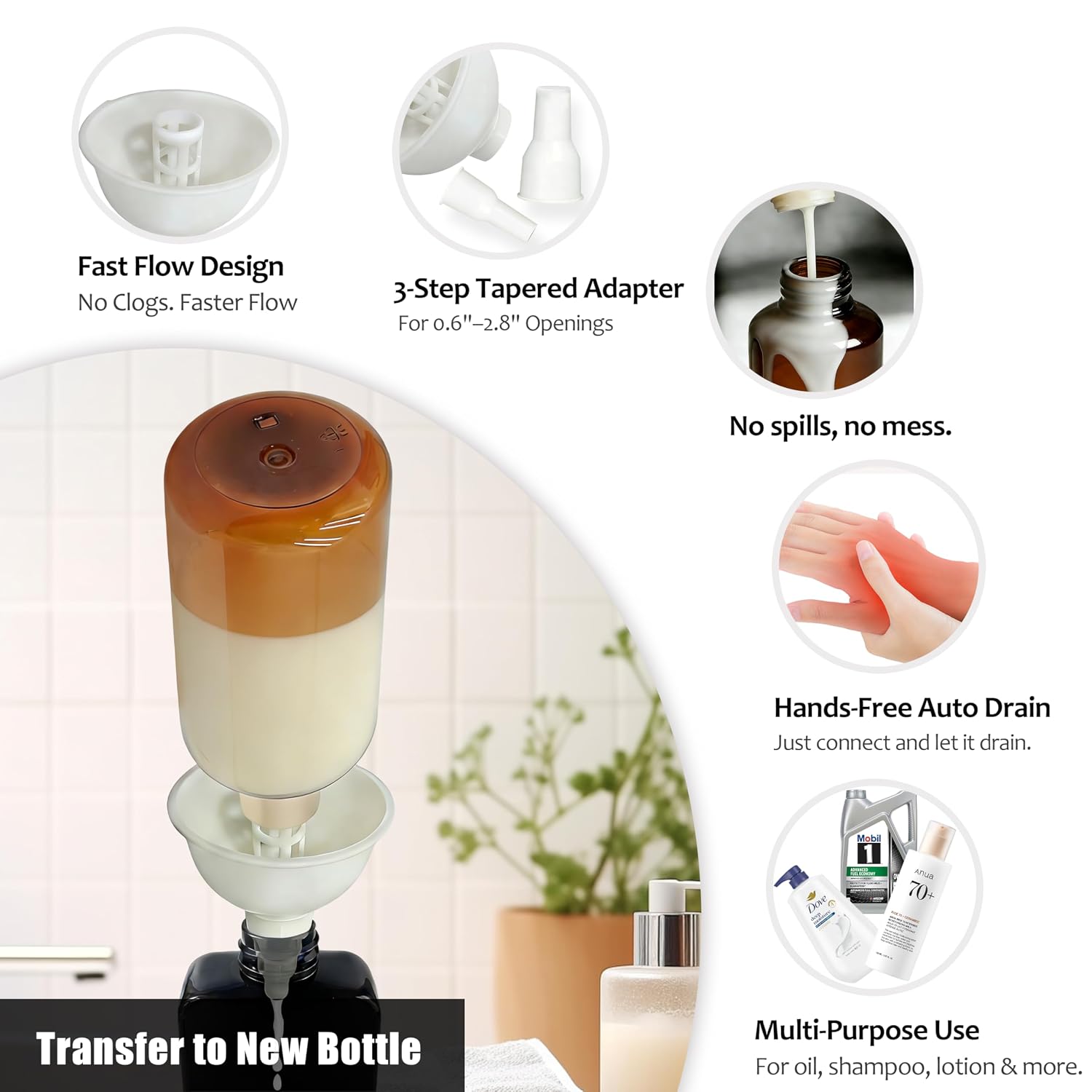 2 Pack Bottle Emptying Kit – Bottle to Bottle Transfer Adapter with Wider Opening & 3-Step Tapered Connector, Reusable Funnel for Shampoo, Soap, Lotion, Conditioner, Car & Garden Fluids