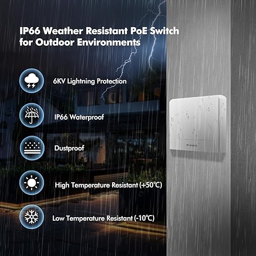 Miniatura 4 de MokerLink Interruptor POE Gigabit para exteriores de 5 puertos, con 4 puertos POE+ de 1000 Mbps, 78 W IEEE802.3afat, interruptor sin ventilador Plug