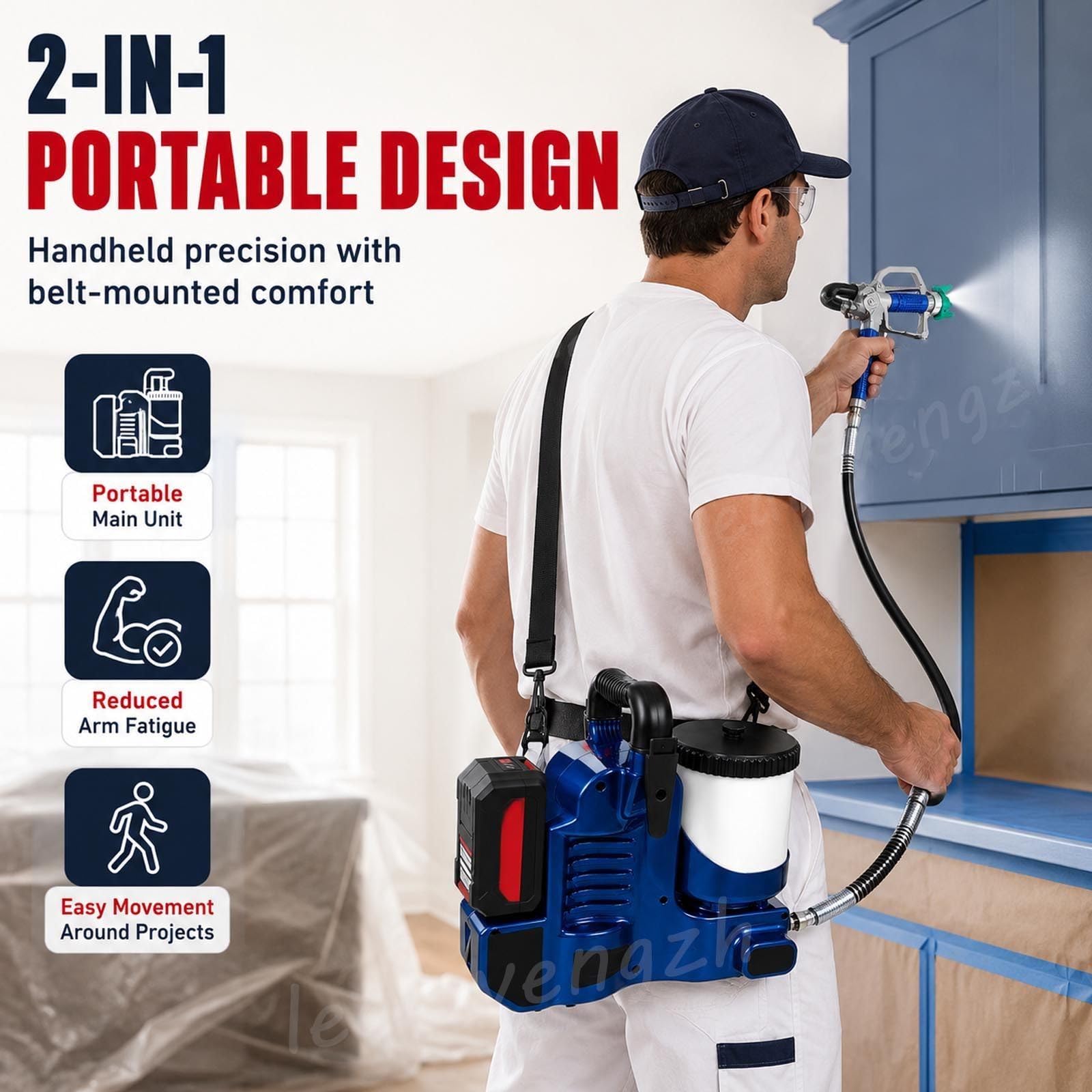 Pulverizador Airless de Alta Presión 550W, Equipo de Pintura con 2 Baterías, Cinturón, Depósito 1,2L y 6 Niveles para Reformas