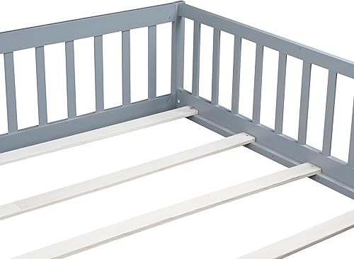 Miniatura 78 de Harper & Bright Designs Cama de suelo tamaño Queen con valla y puerta, marco de cama Montessori de madera para niños, niñas, listones incluidos, no