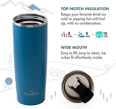 GRANDTIES Insulated Coffee Tumbler Cup w/Tritan Lid | Leak Proof, Reusable, Double Walled Vacuum Stainless Steel Water Bottle Travel Mug | Thermal Cups for Hot and Cold Drinks | 20oz | Cobalt Blue