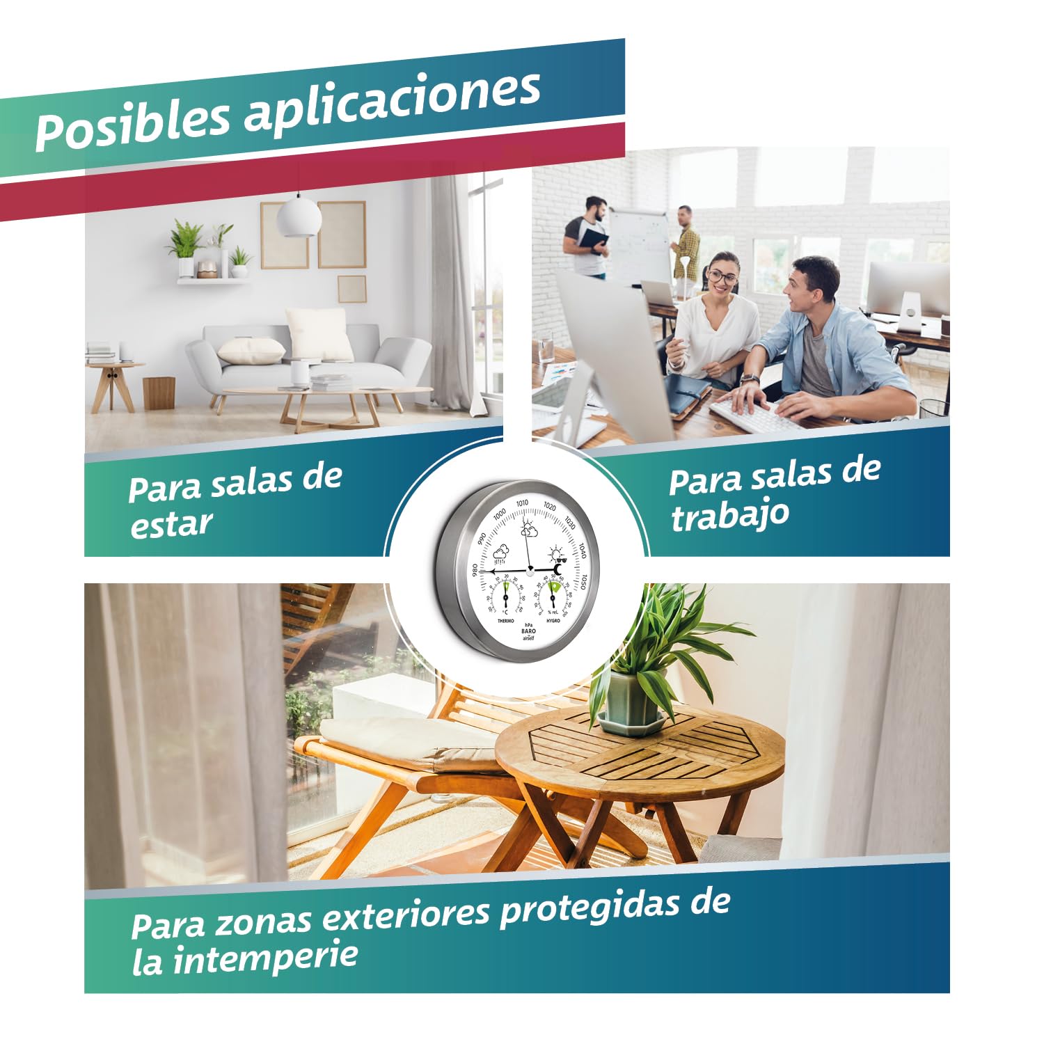 airself Estación meteorológica analógica para Interiores y Exteriores - con barómetro, termómetro, higrómetro - Acero Inoxidable