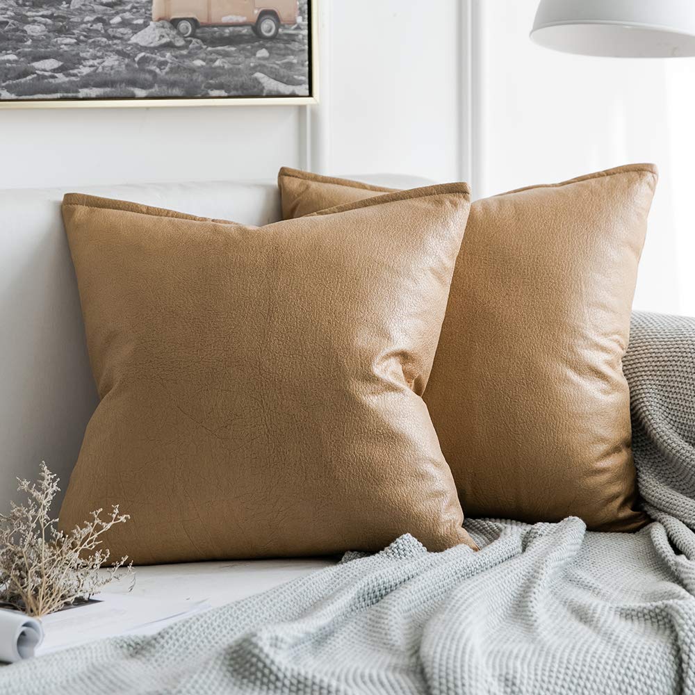 SKY LINE OCEAN Pack of 2 Boho Light Tan Plain Faux Leather Sofa Pillow Covers 18x18 - Cozy Cushion Covers for Couch Bed - Soft Luxury Home Decoration (Inserts Not Included)