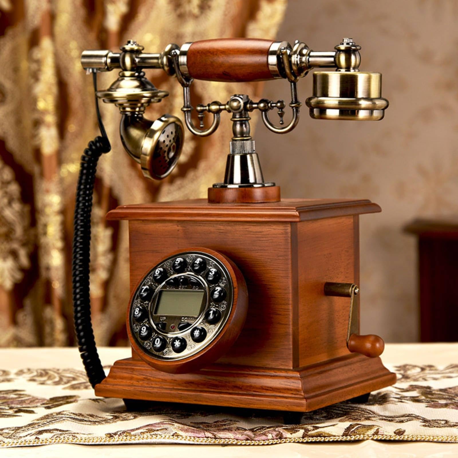 Teléfono Retro de Escritorio con Panel Dial Vintage Soporte Auricular y Cable en Espiral sin Batería de Números Adecuado para Hogar Recepción, Marrón