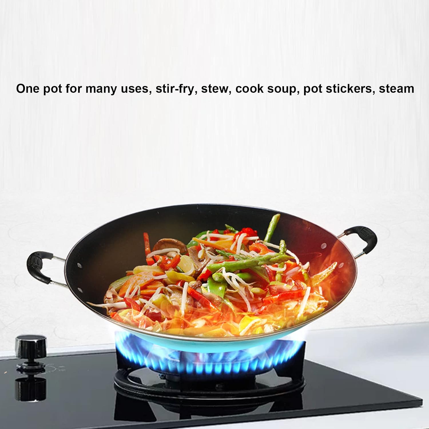 Cast Iron Wok, Household Commercial Iron Wok Pot, Uncoated Double Ear Wok,φ37cm