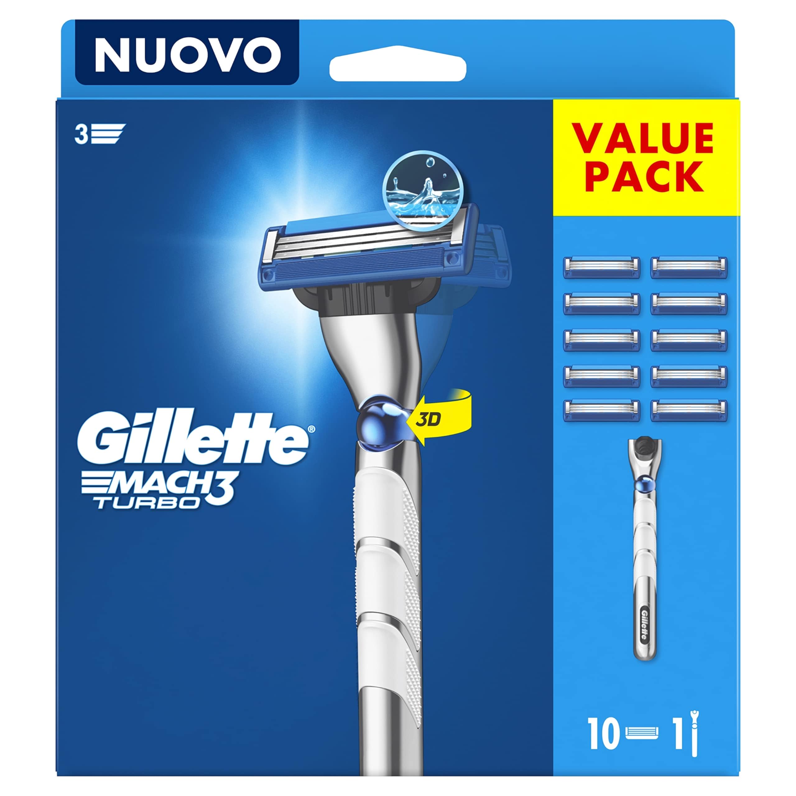 Gillette Mach3 Turbo Men's Razor + 9 Razor Blade Refills, Stronger Than Steel Blades Stay Sharper For Longer, 3D Motion Handle