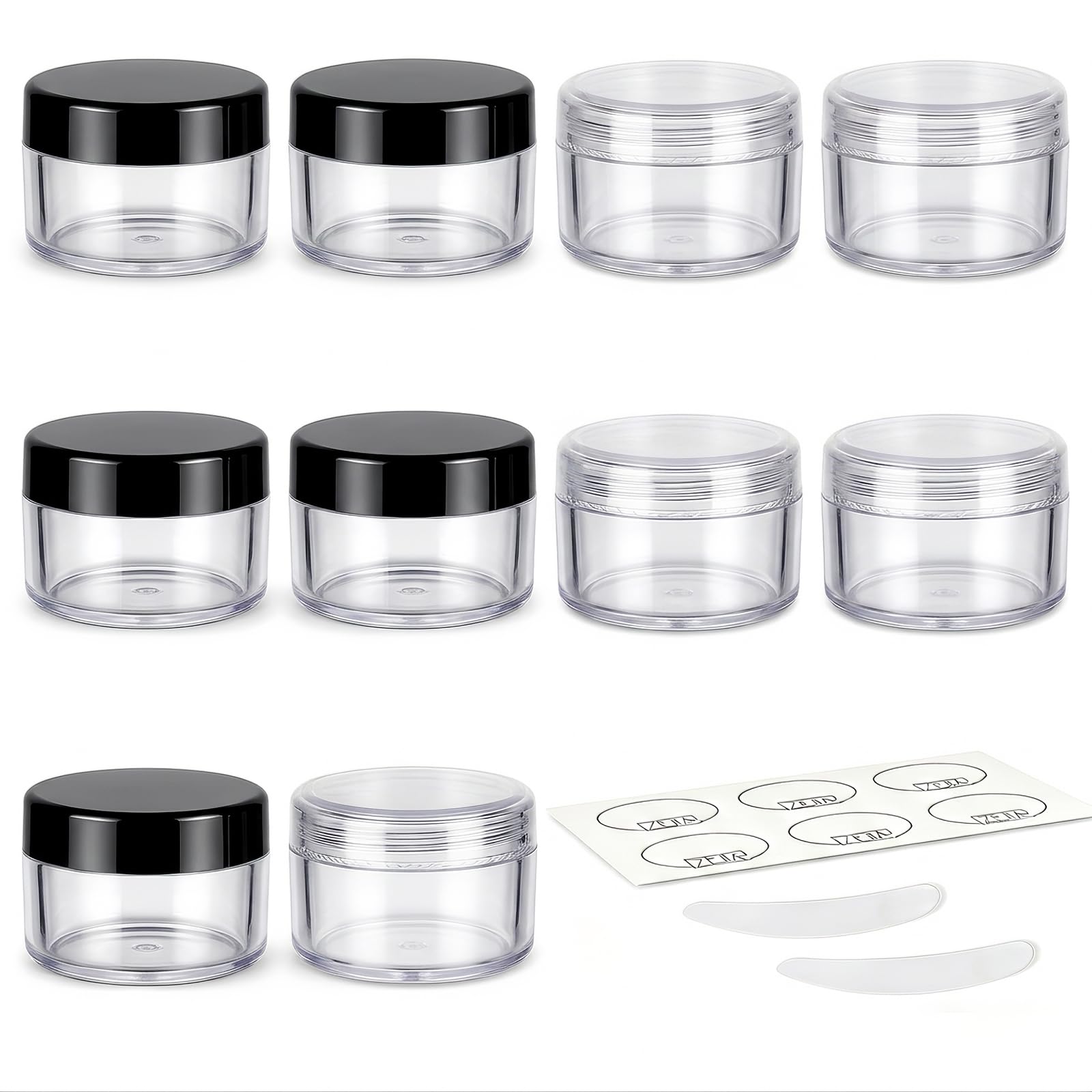 ZEJIA 10pcs Small Travel Containers, 5 Gram Sample Containers with Lids | Travel Cream Container with 12pcs Labels and 2pcs Mini Disposable Spatula, with Various Sizes Plastic Containers
