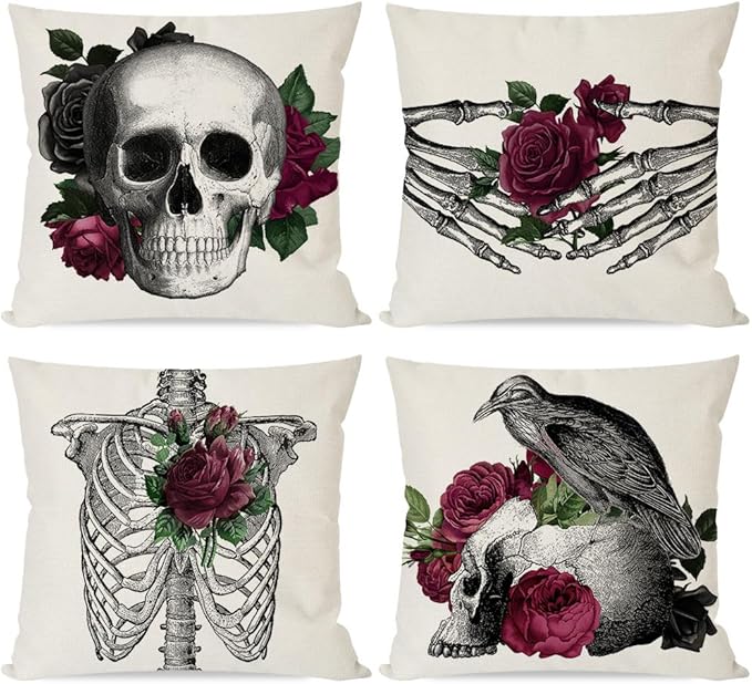 PANDICORN Gothic Skull Burgundy Rose Halloween Pillow Covers 18x18 Skeleton Hand Raven Crow Vintage Floral Spooky Halloween Goth Decorations Outdoor Decorative Pillows Cases Set of 4 for Couch Decor