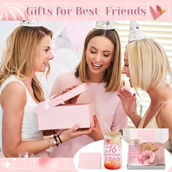 5 Pcs 16th Birthday Gifts for Her, Happy 16 Year Old Gifts Ideas for Women Female, 16 oz Birthday Glass Cup with Lids and Straws for Mom Wife Friends Bestie Coworker Presents