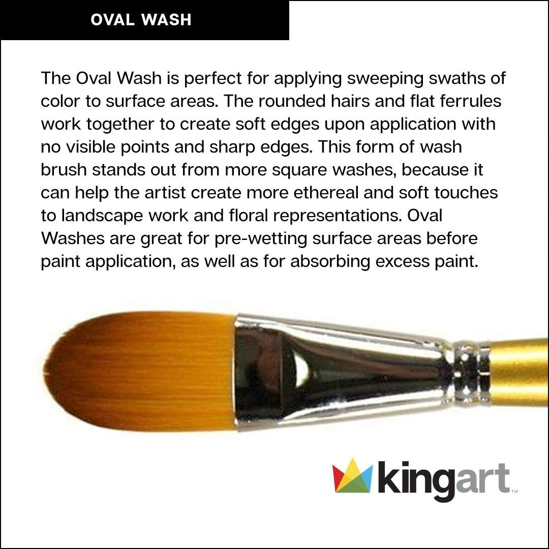 KINGART Premium Original Gold 9600-1 1/2 Oval Flat WASH Series Artist Brush, Golden Taklon Synthetic Hair, Short Handle, for Acrylic, Watercolor, Oil and Gouache Painting, Size 1 1/2"