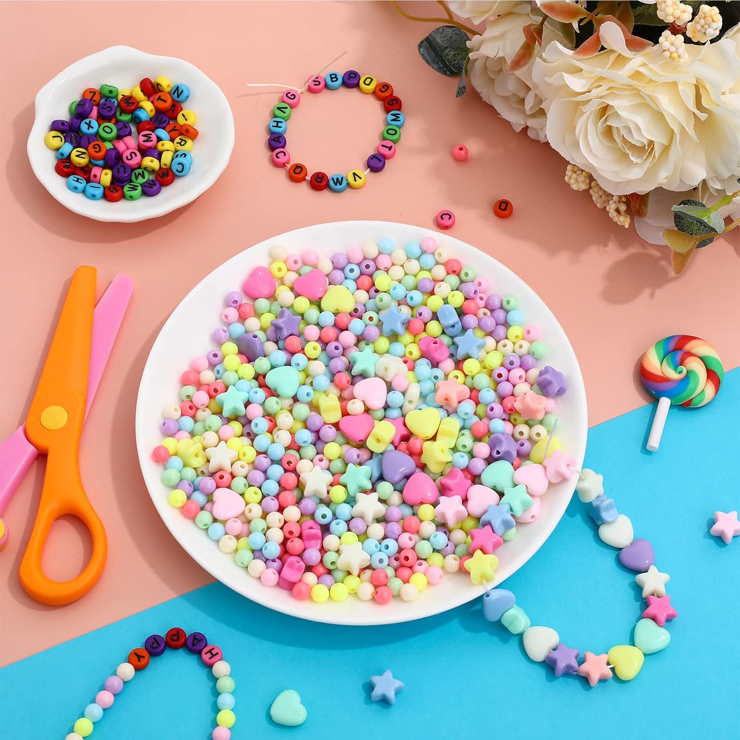 Whaline 5300Pcs Candy Color Beads Letter Beads Star Heart Round Shaped Craft Bead Acrylic Macaron Color Beads for Jewelry Making Bracelets Necklace DIY Craft Handmade Home Decoration
