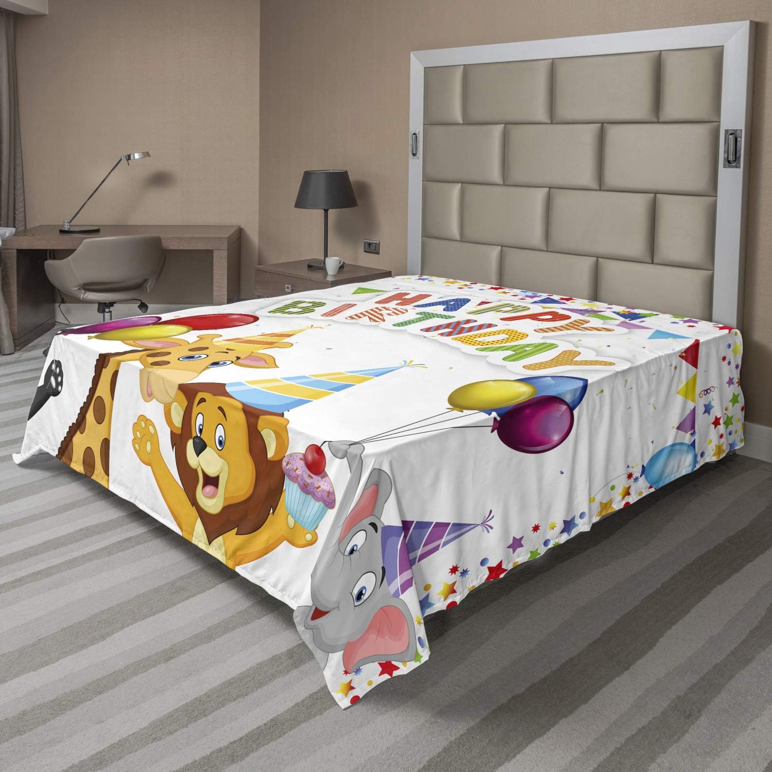 Ambesonne Birthday Flat Sheet, Cartoon Style Savannah Jungle Animals at a Party with Flags and Balloons Image, Soft Comfortable Top Sheet Decorative Bedding 1 Piece, Full Size, Multicolor