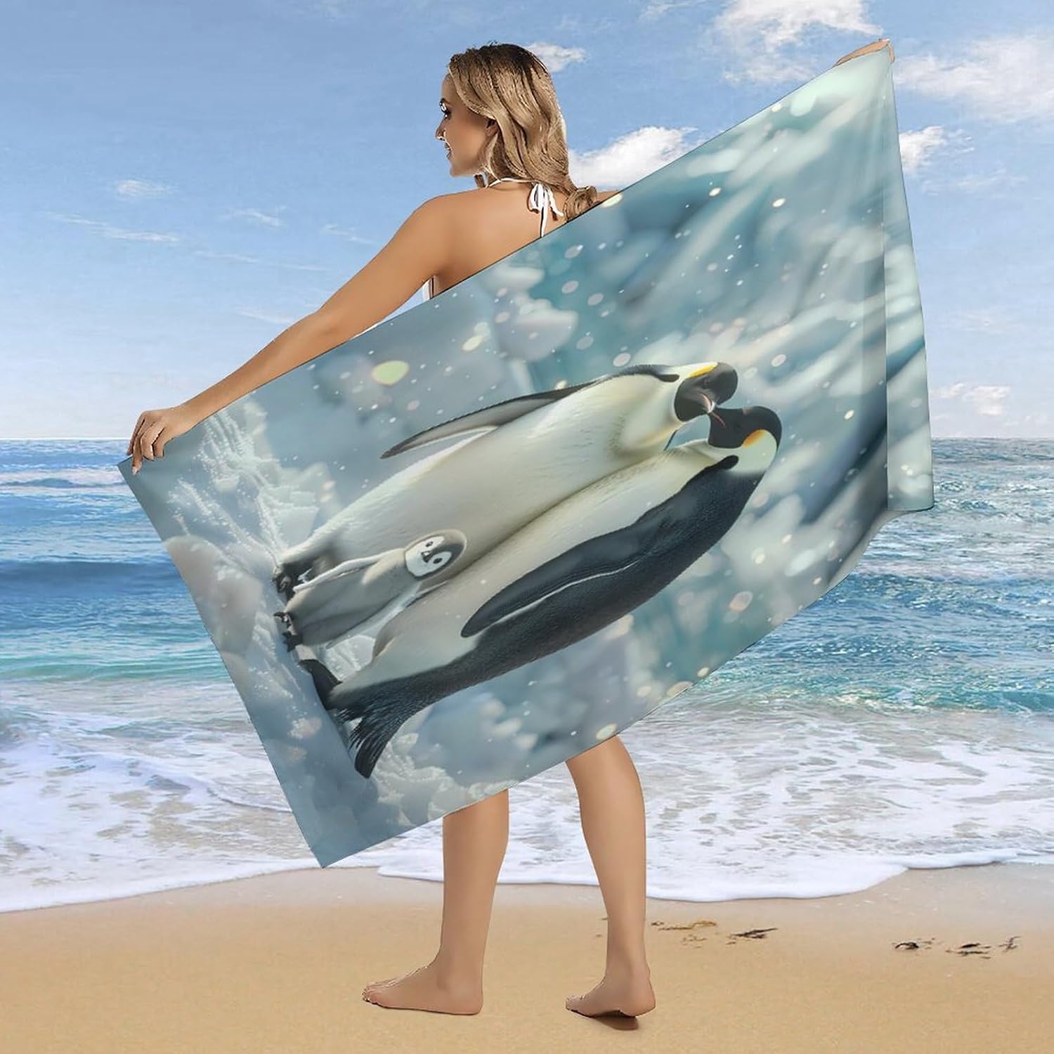 Penguin Family Bath Towel Beach Towels Quick Dry Oversized Bath Blanket Highly Absorbent Towel for Women Men 160x80cm