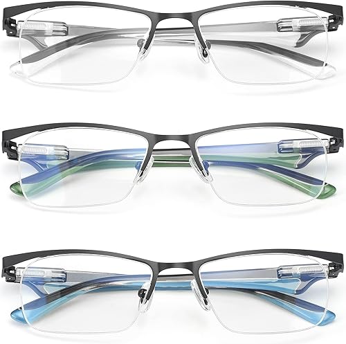 Miniatura 2 de RaoOG Paquete de 3 lentes de lectura de medio marco para hombre, bloqueo de luz azul, para lectura de computadora con bisagra de resorte de metal