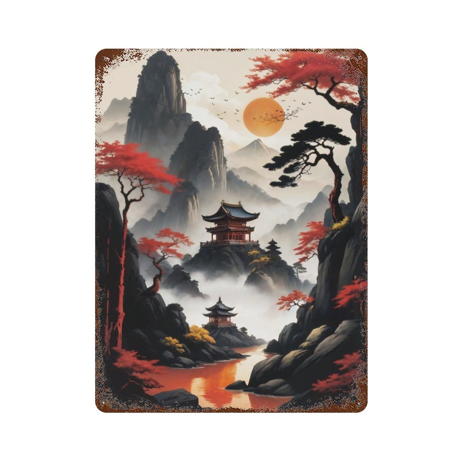 Rust Effect Japan River Aged Metal Wall Plaque 15.7"x11.8", Farmhouse Wall Decor for Office, Studio And Wall Decor
