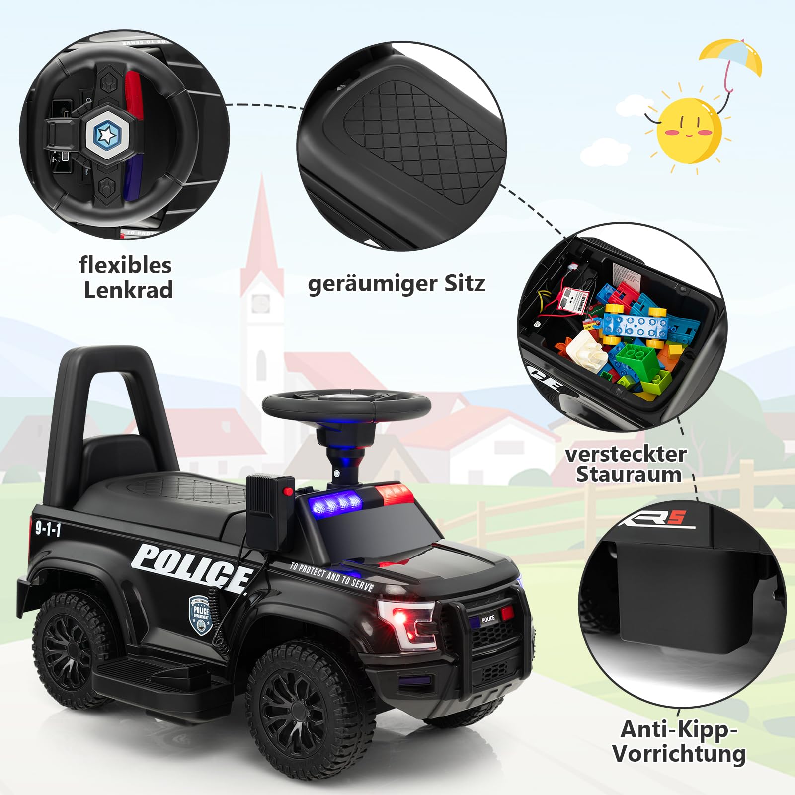 DREAMADE 6V Kinder Elektroauto, Elektrofahrzeug mit Sirene & LED Lichtern & Musik & Hupe, Batteriebetriebenes Kinderfahrzeug, für Kinder ab 18 Monate (Schwarz)