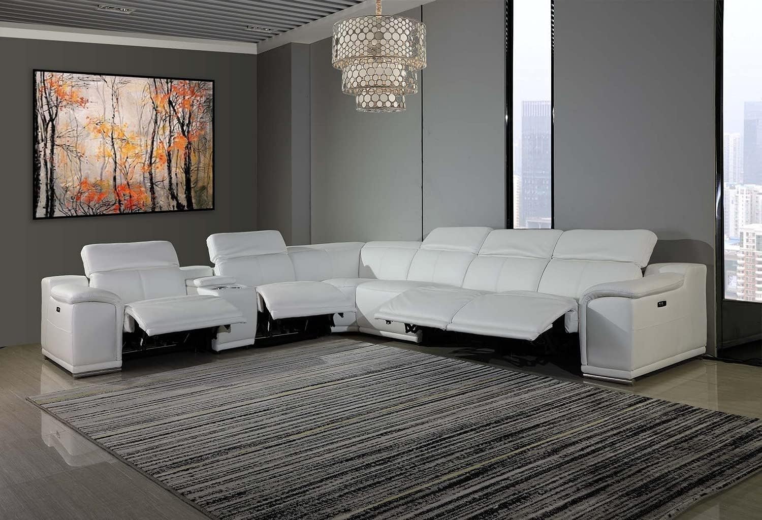 Blackjack Furniture Venice 7 Piece Top Grain Italian Leather Sectional Sofa with 4-Power Recliners, Adjustable Headrest, Lumbar Support, USB &amp; Wireless Charger, Large Storage, 1 Console, Pure White