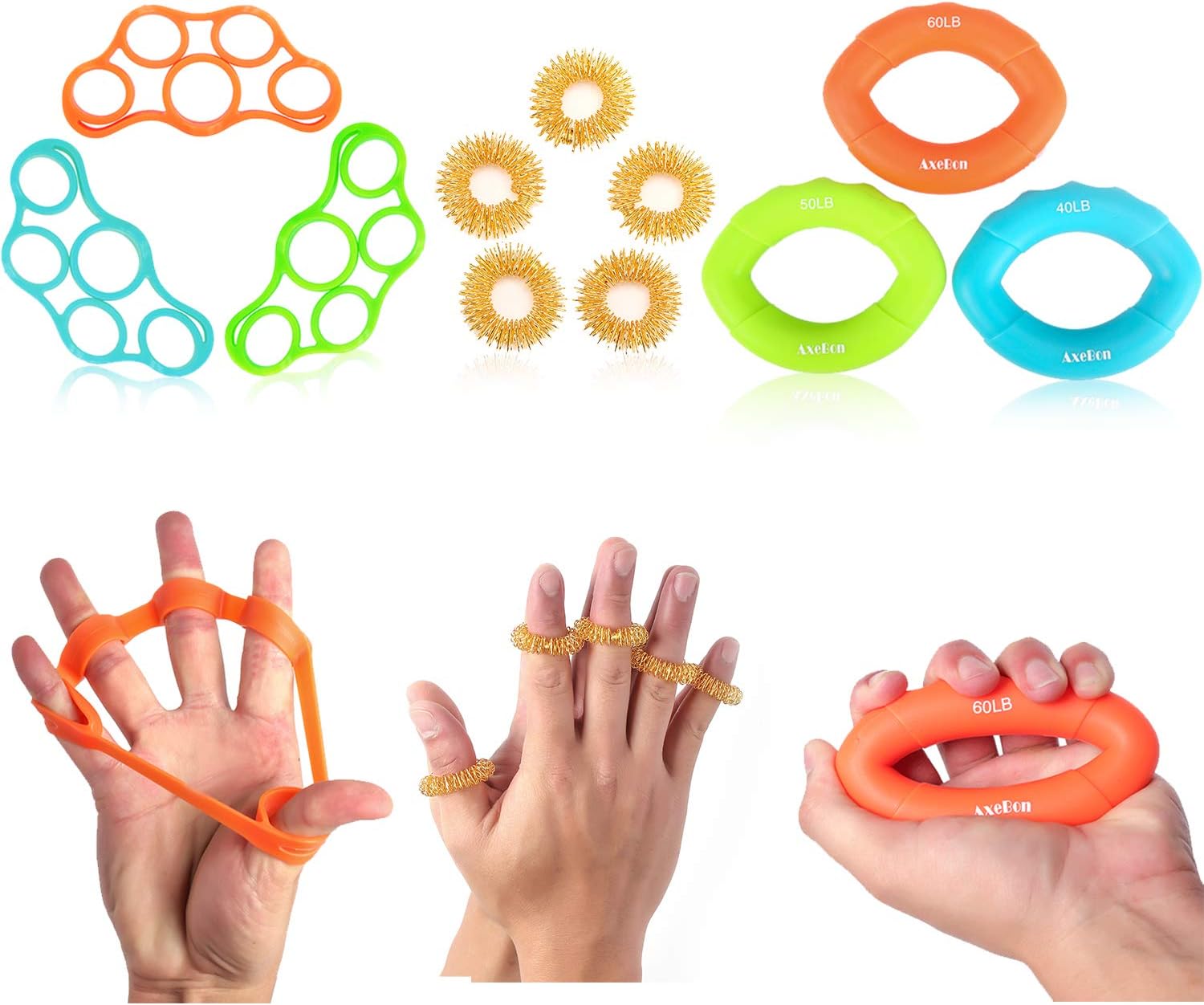 AxeBon 11 Pack Finger Grip Exerciser, Hand Grip Strengthener & Finger Stretcher for Athletes, Musicians, Forearm Exercise, Guitar Finger Strengtheners and Rock Climbing